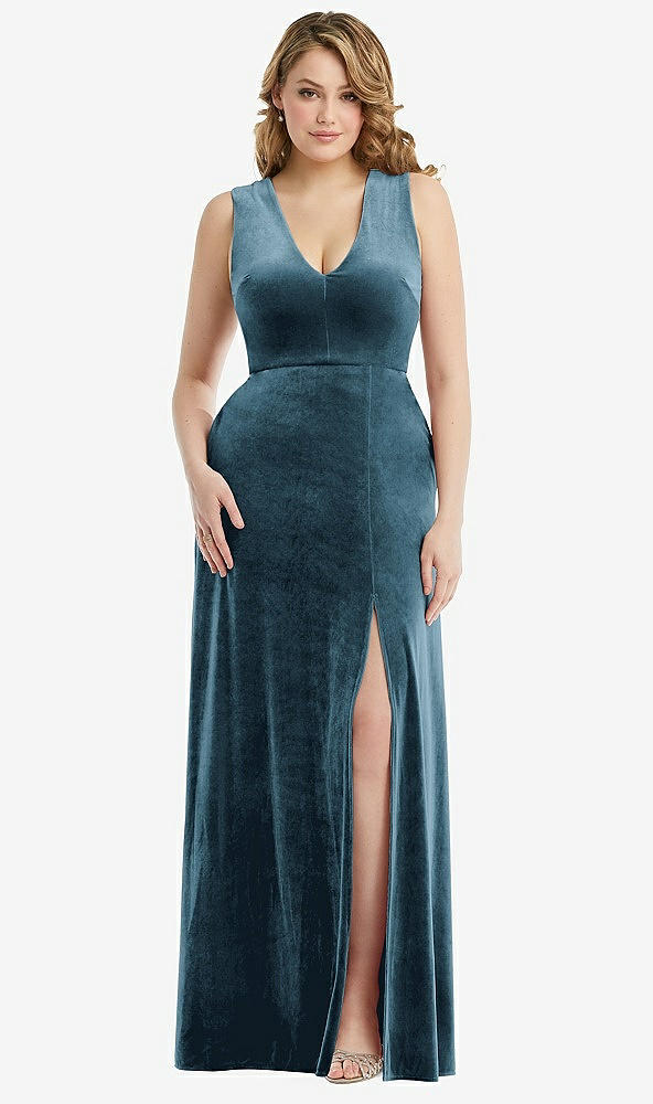 Front View - Dutch Blue Deep V-Neck Sleeveless Velvet Maxi Dress with Pockets