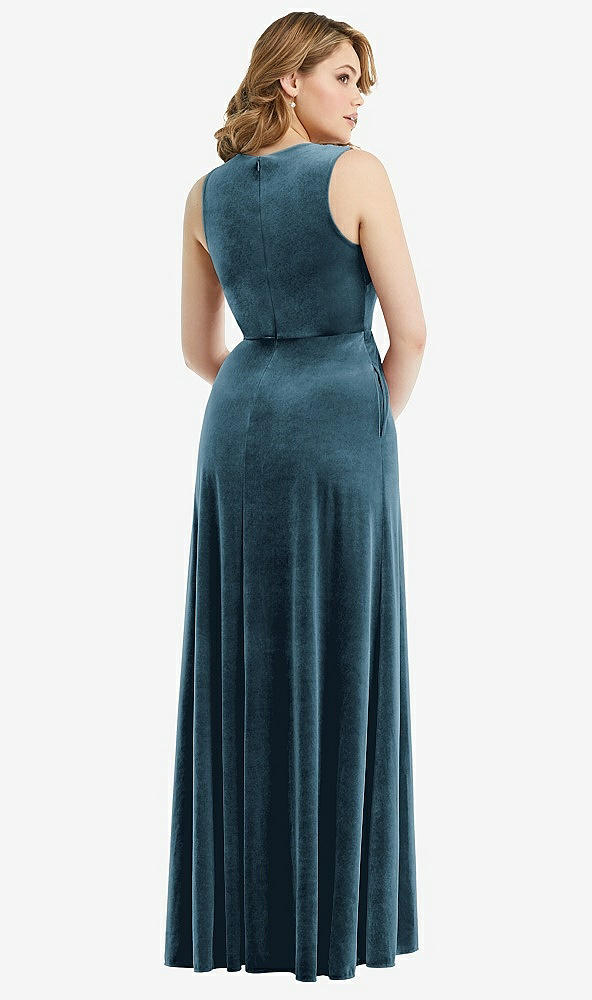 Back View - Dutch Blue Deep V-Neck Sleeveless Velvet Maxi Dress with Pockets