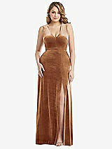 Front View Thumbnail - Golden Almond Deep V-Neck Sleeveless Velvet Maxi Dress with Pockets