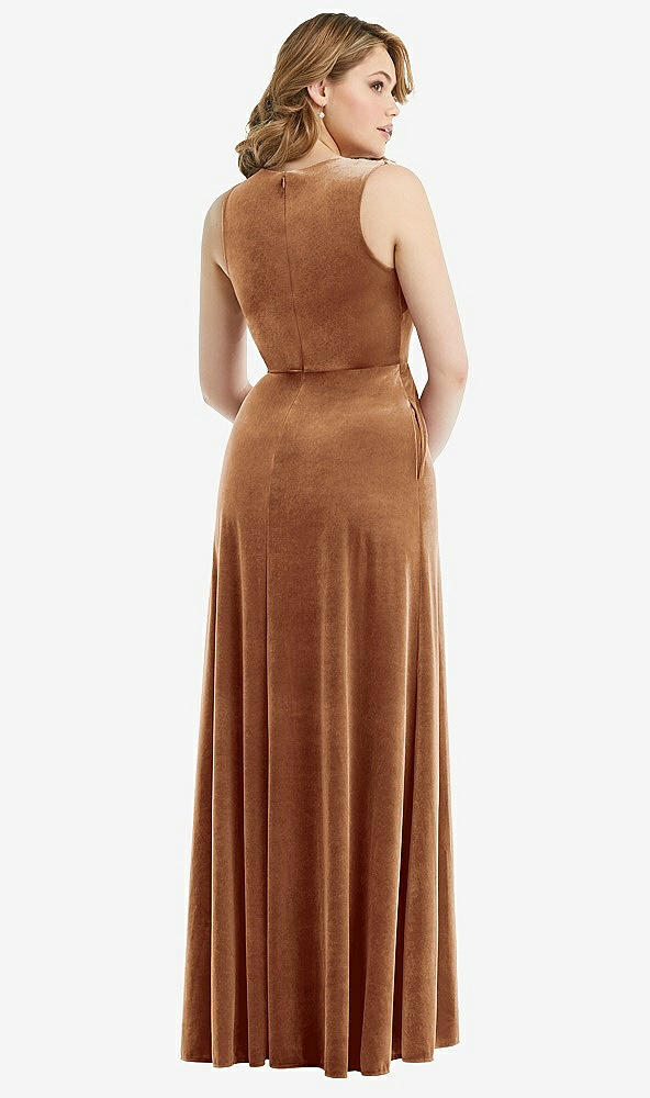 Back View - Golden Almond Deep V-Neck Sleeveless Velvet Maxi Dress with Pockets