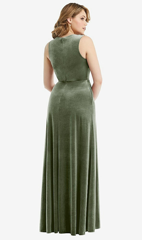 Back View - Sage Deep V-Neck Sleeveless Velvet Maxi Dress with Pockets