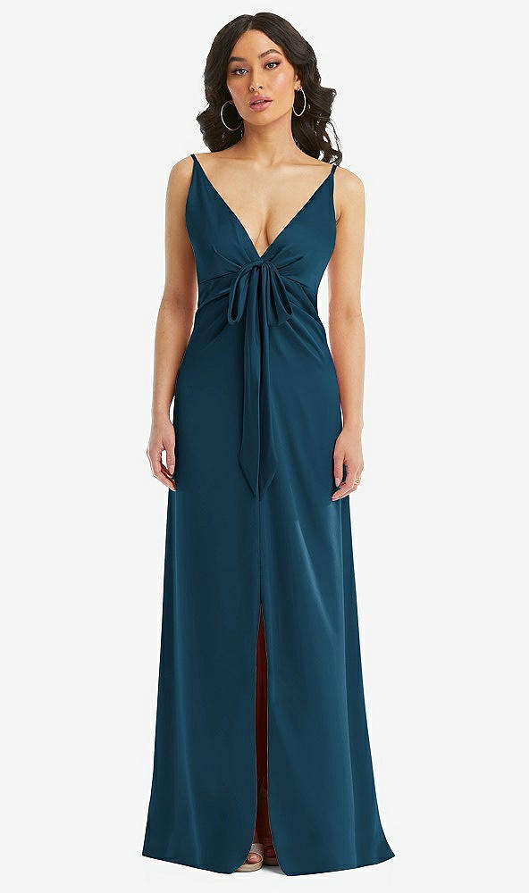 Front View - Atlantic Blue Skinny Strap Plunge Neckline Maxi Dress with Bow Detail