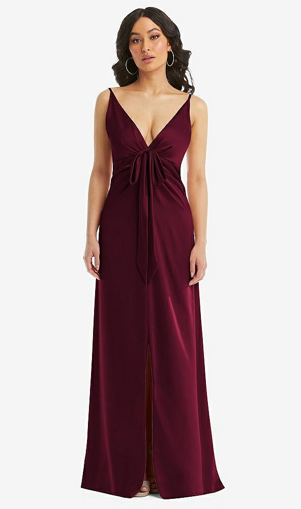 Front View - Cabernet Skinny Strap Plunge Neckline Maxi Dress with Bow Detail