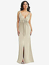 Alt View 1 Thumbnail - Champagne Skinny Strap Plunge Neckline Maxi Dress with Bow Detail