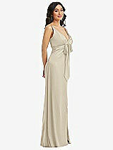 Side View Thumbnail - Champagne Skinny Strap Plunge Neckline Maxi Dress with Bow Detail