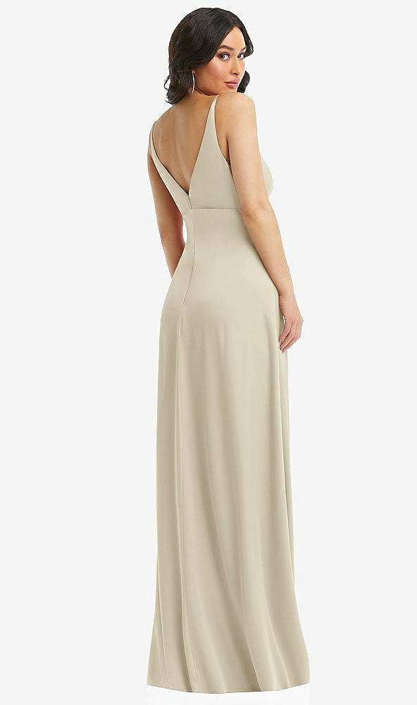 Back View - Champagne Skinny Strap Plunge Neckline Maxi Dress with Bow Detail