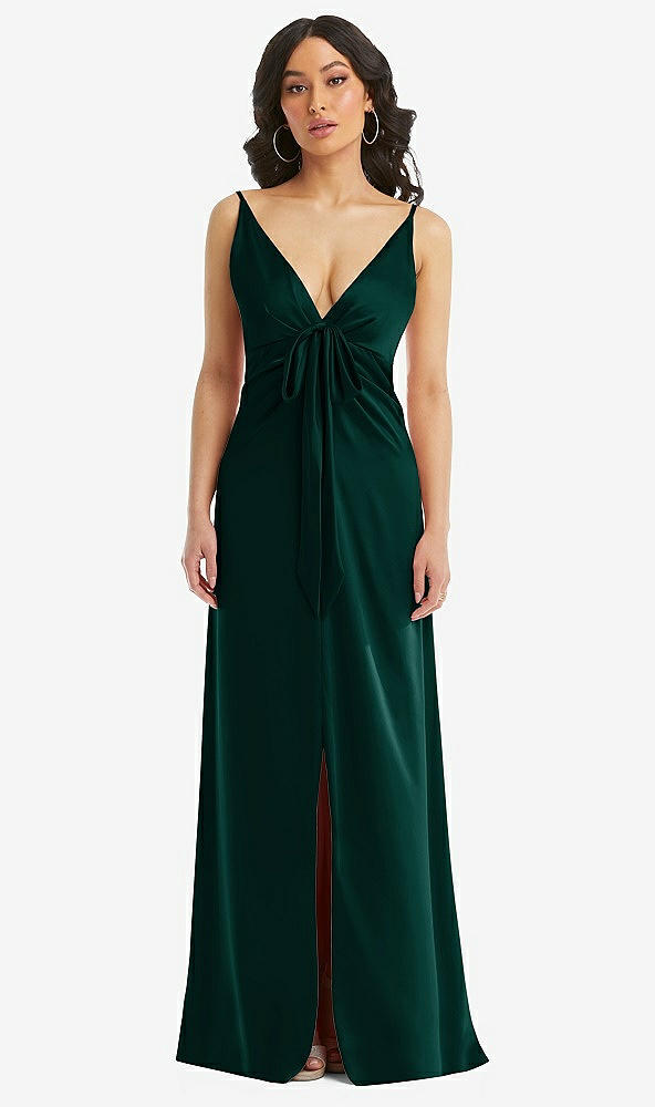 Front View - Evergreen Skinny Strap Plunge Neckline Maxi Dress with Bow Detail
