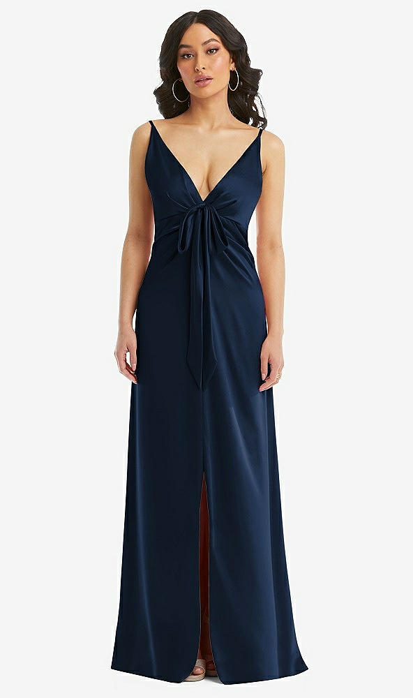 Front View - Midnight Navy Skinny Strap Plunge Neckline Maxi Dress with Bow Detail