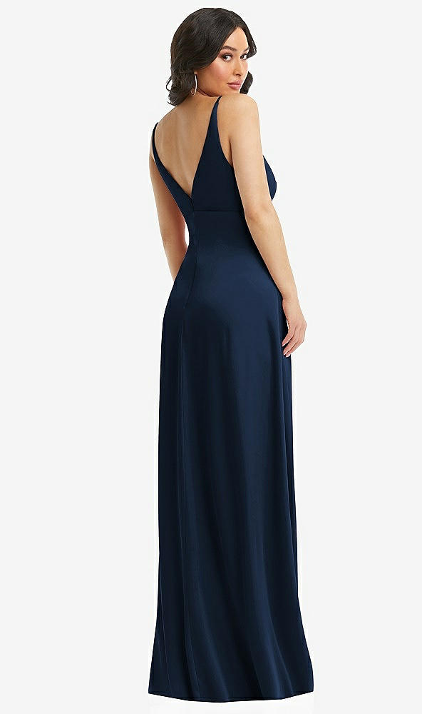 Back View - Midnight Navy Skinny Strap Plunge Neckline Maxi Dress with Bow Detail