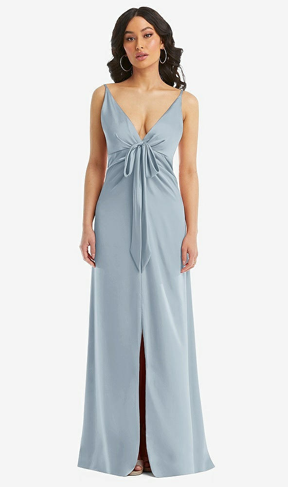 Front View - Mist Skinny Strap Plunge Neckline Maxi Dress with Bow Detail