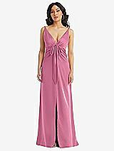 Front View Thumbnail - Orchid Pink Skinny Strap Plunge Neckline Maxi Dress with Bow Detail