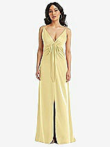 Front View Thumbnail - Pale Yellow Skinny Strap Plunge Neckline Maxi Dress with Bow Detail