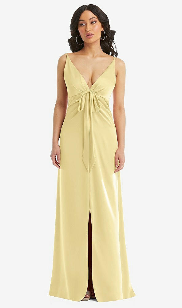 Front View - Pale Yellow Skinny Strap Plunge Neckline Maxi Dress with Bow Detail