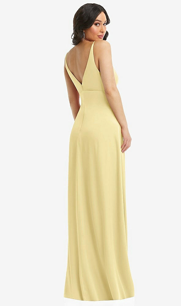 Back View - Pale Yellow Skinny Strap Plunge Neckline Maxi Dress with Bow Detail