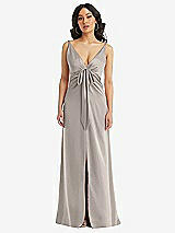 Front View Thumbnail - Taupe Skinny Strap Plunge Neckline Maxi Dress with Bow Detail