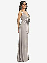 Side View Thumbnail - Taupe Skinny Strap Plunge Neckline Maxi Dress with Bow Detail