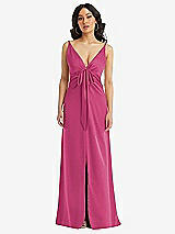 Front View Thumbnail - Tea Rose Skinny Strap Plunge Neckline Maxi Dress with Bow Detail