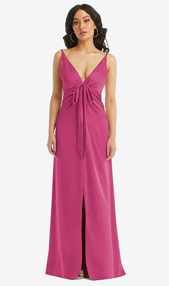 Front View - Tea Rose Skinny Strap Plunge Neckline Maxi Dress with Bow Detail
