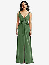 Front View Thumbnail - Vineyard Green Skinny Strap Plunge Neckline Maxi Dress with Bow Detail