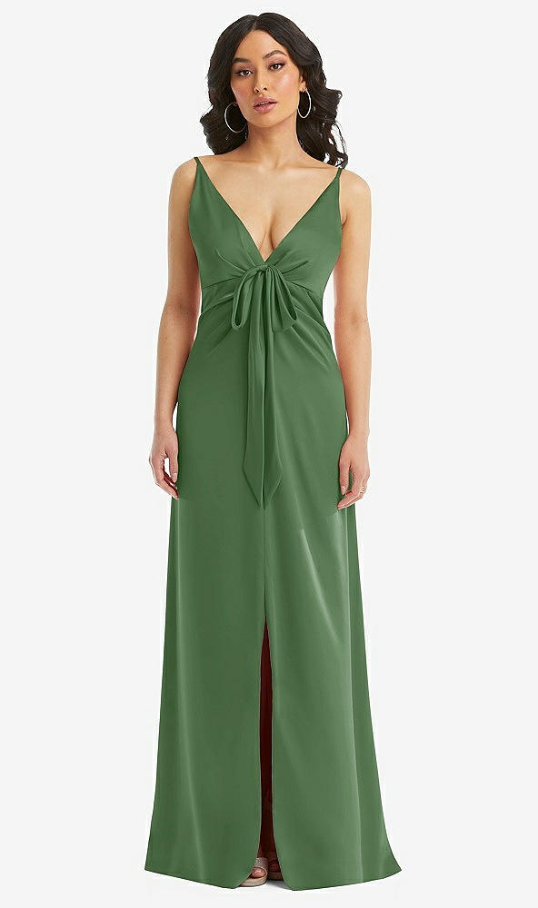 Front View - Vineyard Green Skinny Strap Plunge Neckline Maxi Dress with Bow Detail