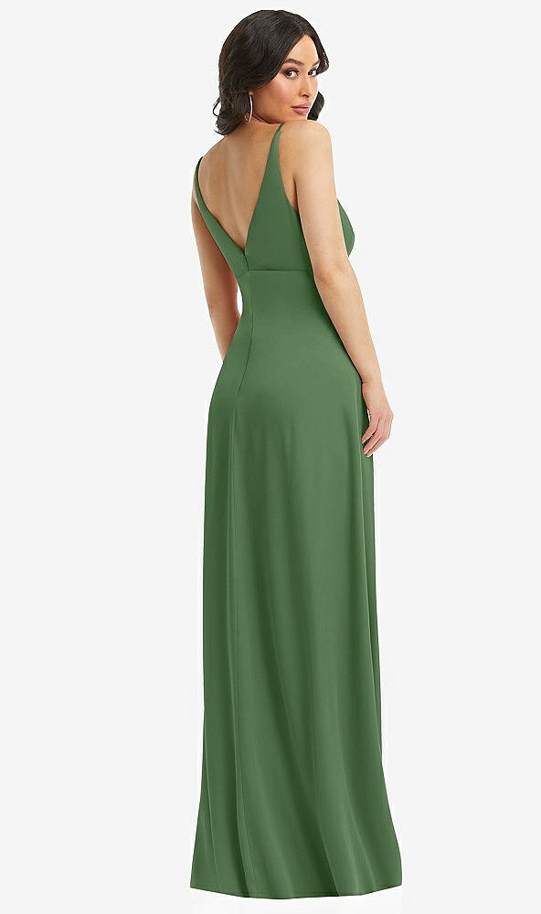 Back View - Vineyard Green Skinny Strap Plunge Neckline Maxi Dress with Bow Detail