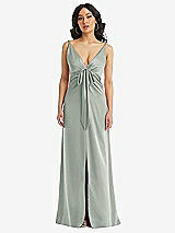 Front View Thumbnail - Willow Green Skinny Strap Plunge Neckline Maxi Dress with Bow Detail