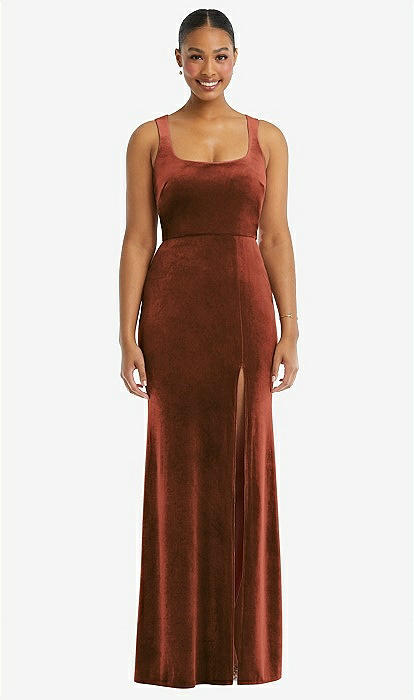 Square Neck Closed Back Velvet Maxi Bridesmaid Dress In Auburn