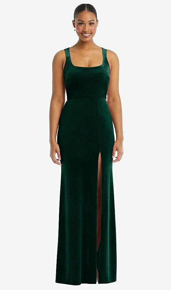 Front View - Evergreen Square Neck Closed Back Velvet Maxi Dress 