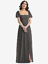 Front View Thumbnail - Caviar Gray Puff Sleeve Chiffon Maxi Dress with Front Slit