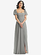 Front View Thumbnail - Chelsea Gray Puff Sleeve Chiffon Maxi Dress with Front Slit