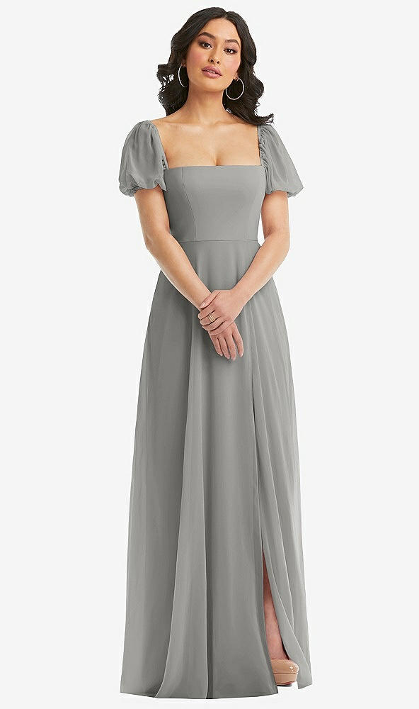 Front View - Chelsea Gray Puff Sleeve Chiffon Maxi Dress with Front Slit
