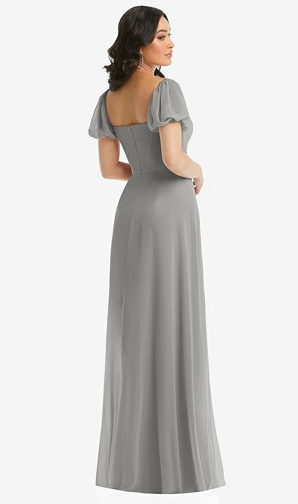 Back View - Chelsea Gray Puff Sleeve Chiffon Maxi Dress with Front Slit