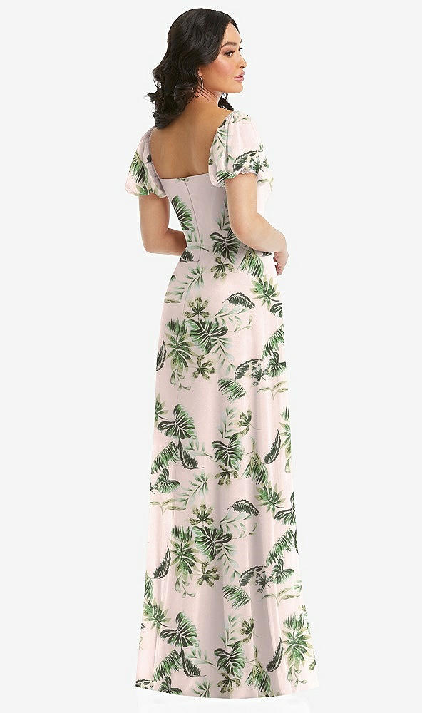 Back View - Palm Beach Print Puff Sleeve Chiffon Maxi Dress with Front Slit