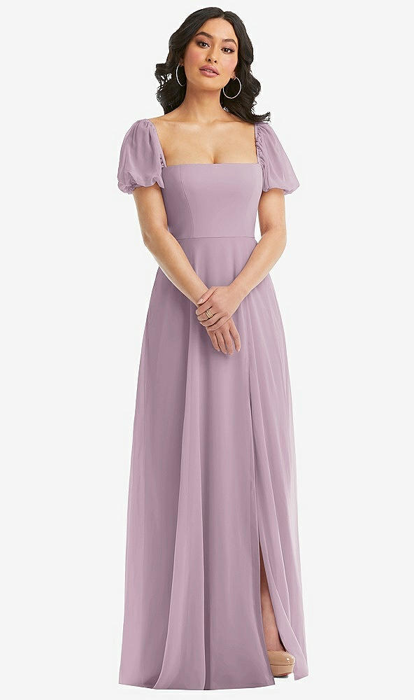 Front View - Suede Rose Puff Sleeve Chiffon Maxi Dress with Front Slit