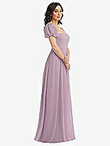Side View Thumbnail - Suede Rose Puff Sleeve Chiffon Maxi Dress with Front Slit