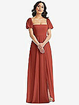 Front View Thumbnail - Amber Sunset Puff Sleeve Chiffon Maxi Dress with Front Slit