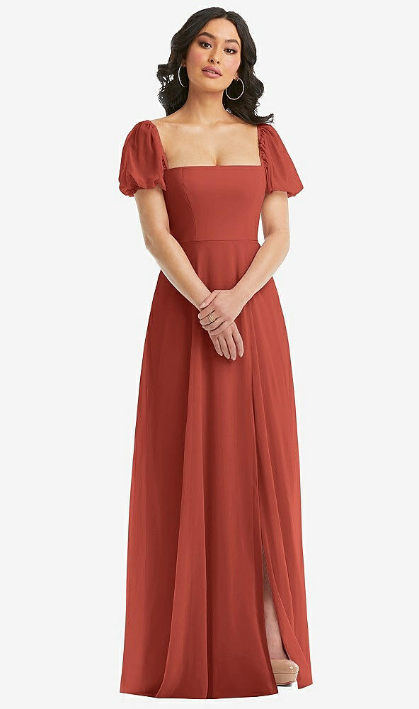 Front View - Amber Sunset Puff Sleeve Chiffon Maxi Dress with Front Slit