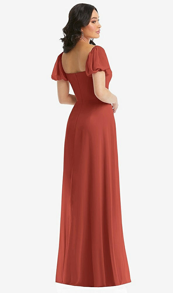 Back View - Amber Sunset Puff Sleeve Chiffon Maxi Dress with Front Slit
