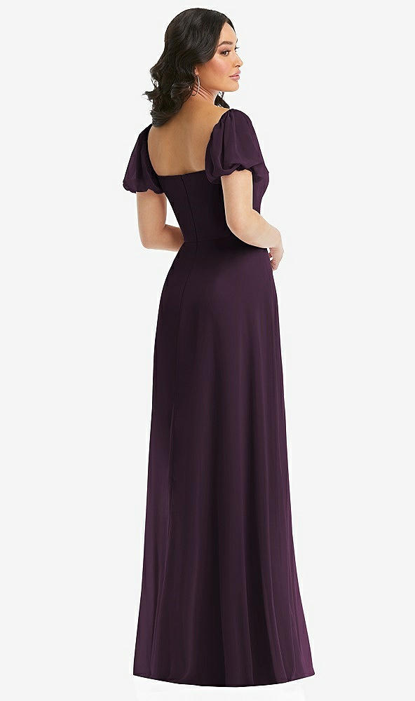 Back View - Aubergine Puff Sleeve Chiffon Maxi Dress with Front Slit
