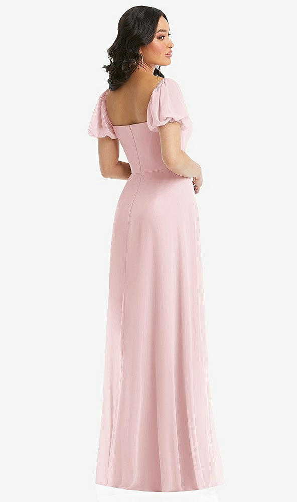 Back View - Ballet Pink Puff Sleeve Chiffon Maxi Dress with Front Slit