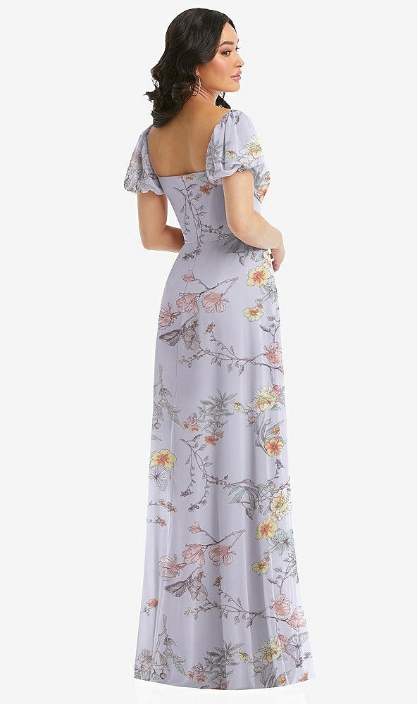 Back View - Butterfly Botanica Silver Dove Puff Sleeve Chiffon Maxi Dress with Front Slit