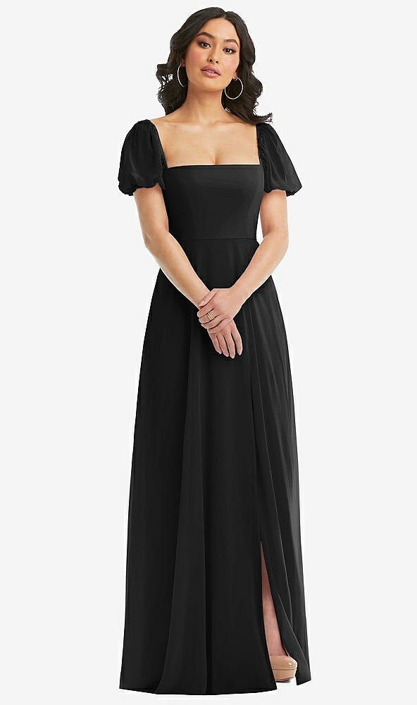 Front View - Black Puff Sleeve Chiffon Maxi Dress with Front Slit