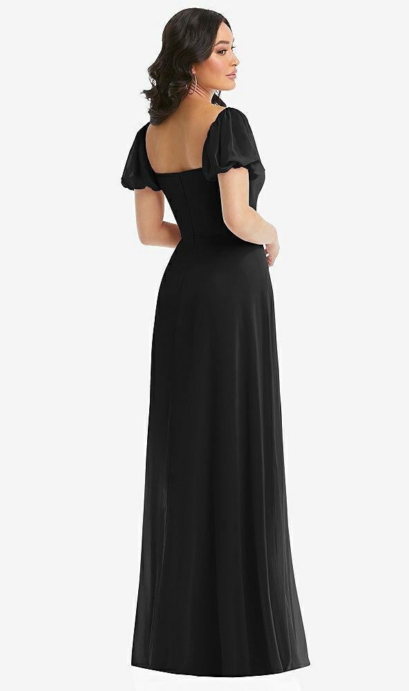 Back View - Black Puff Sleeve Chiffon Maxi Dress with Front Slit