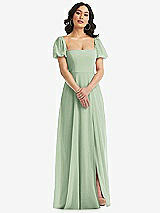 Front View Thumbnail - Celadon Puff Sleeve Chiffon Maxi Dress with Front Slit