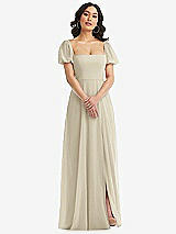 Front View Thumbnail - Champagne Puff Sleeve Chiffon Maxi Dress with Front Slit