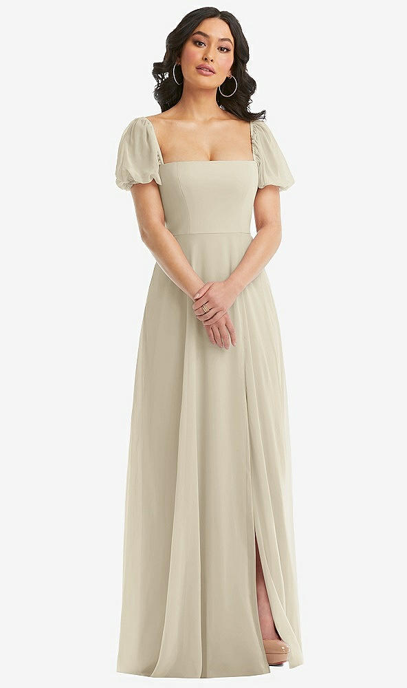 Front View - Champagne Puff Sleeve Chiffon Maxi Dress with Front Slit