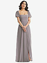 Front View Thumbnail - Cashmere Gray Puff Sleeve Chiffon Maxi Dress with Front Slit