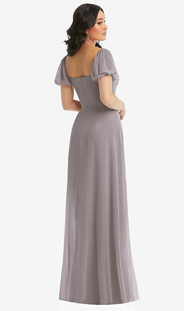 Back View - Cashmere Gray Puff Sleeve Chiffon Maxi Dress with Front Slit