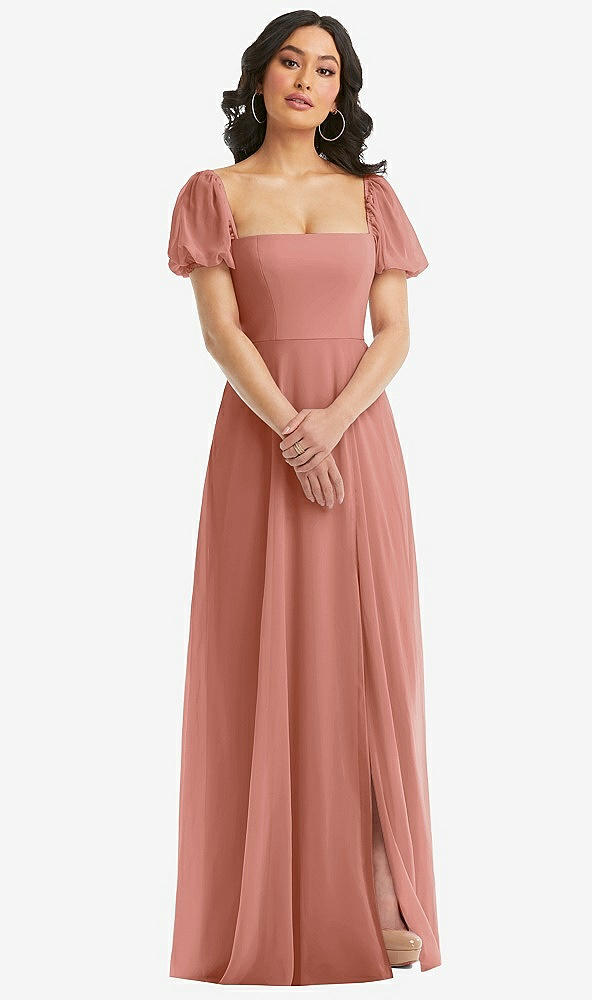 Front View - Desert Rose Puff Sleeve Chiffon Maxi Dress with Front Slit