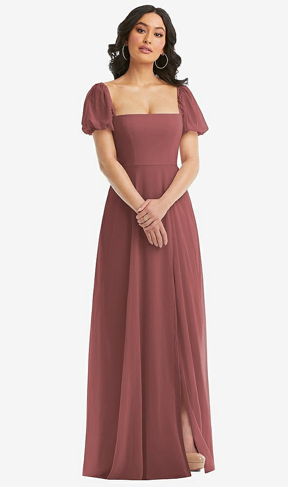 Front View - English Rose Puff Sleeve Chiffon Maxi Dress with Front Slit